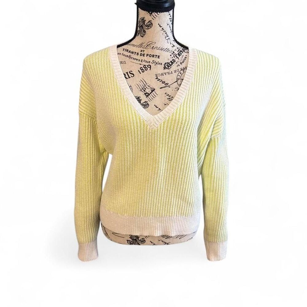EverEve Women's Yellow and Green Jumper Sweater V-neck Size Smal